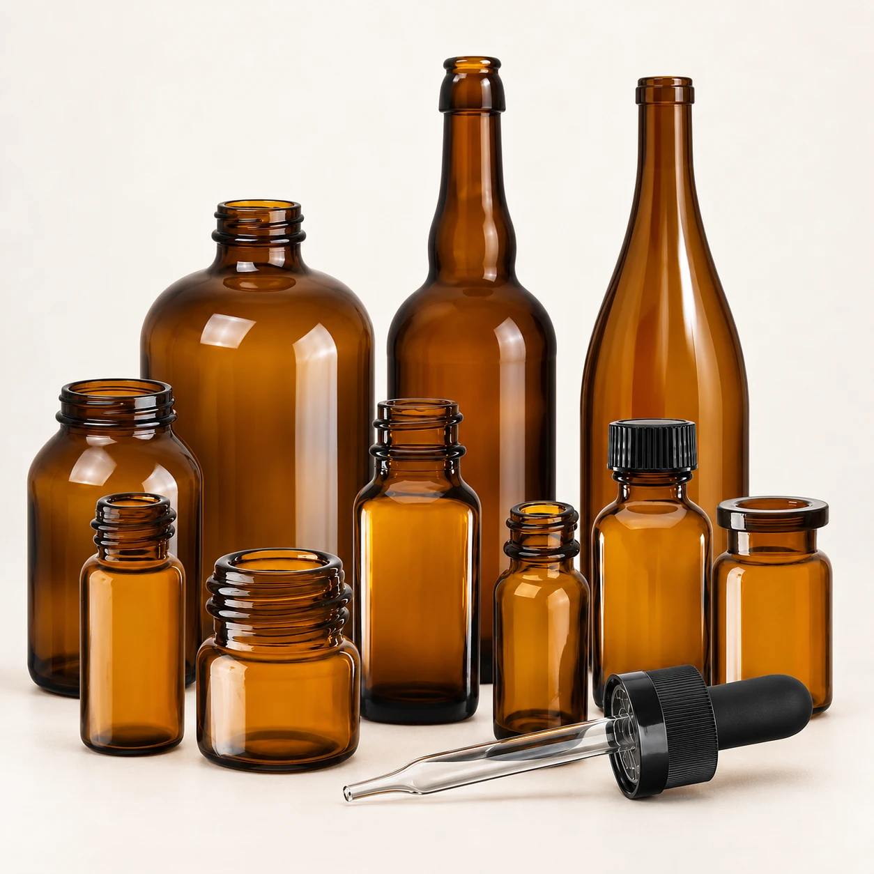 Amber vials, Boston round, packer, dropper, beer and wine glass bottles for wholesale