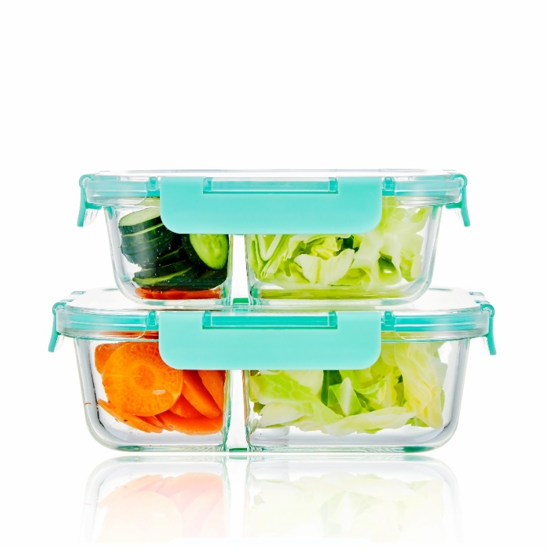 Feemio two-compartment glass containers with mint-colored clip lids