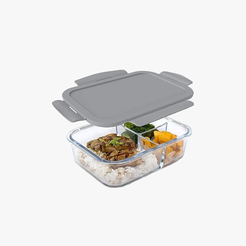Feemio three-compartment glass meal prep design with a gray clip lid