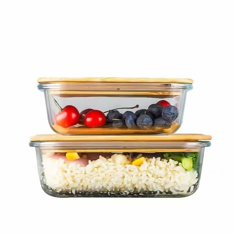 Feemio open rectangular glass food container style with a wood-look lid